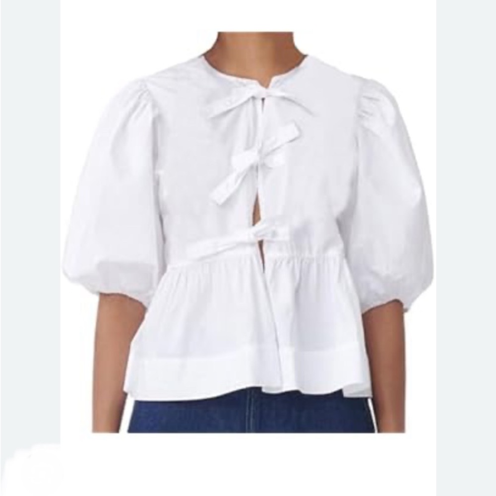 White Puff Sleeve Bow Peplum Top Sz Small